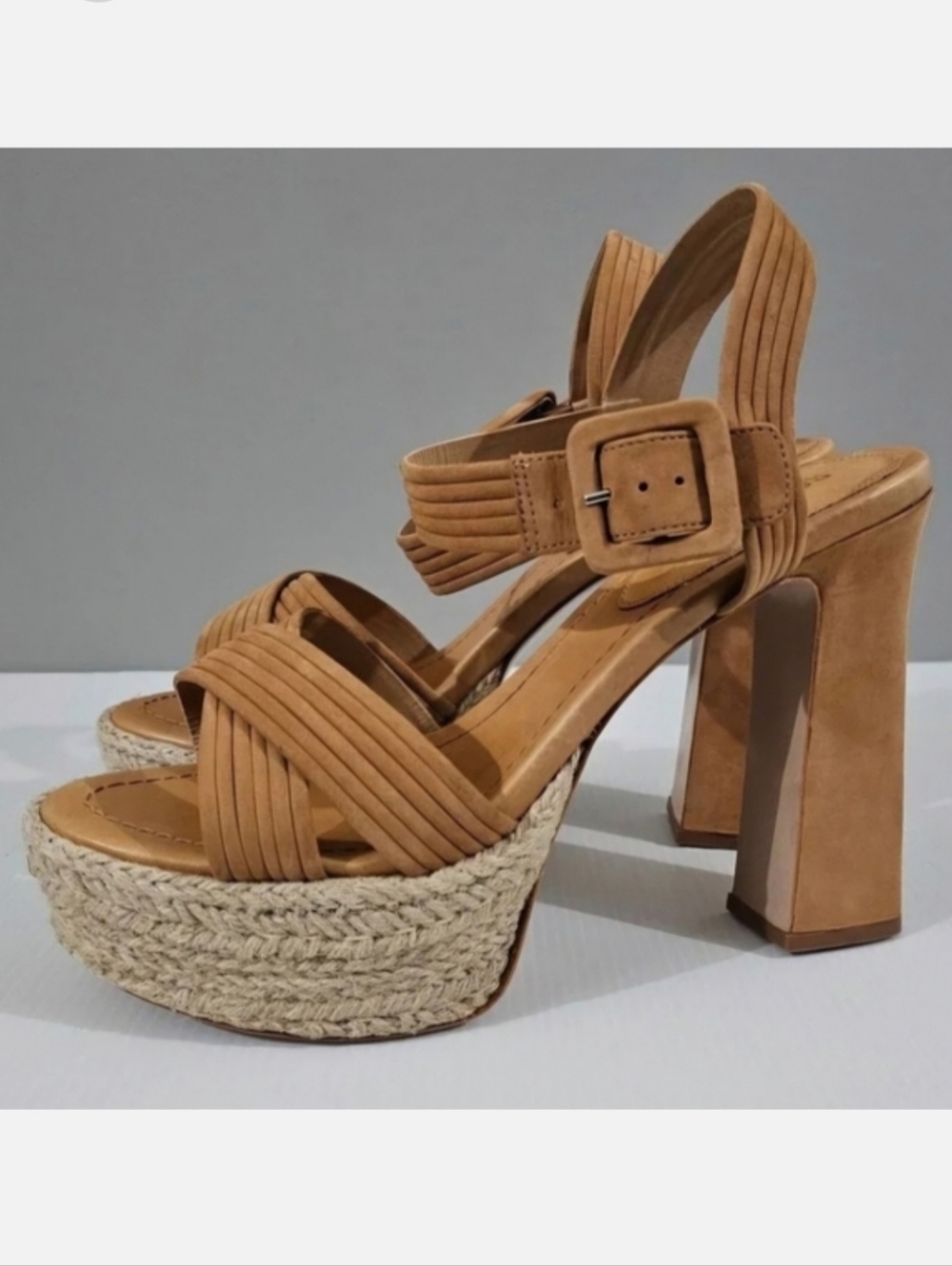 Schutz Blisse Platform Sandals Womens 10.5 Caramel Brown Suede Chunky Block Heel